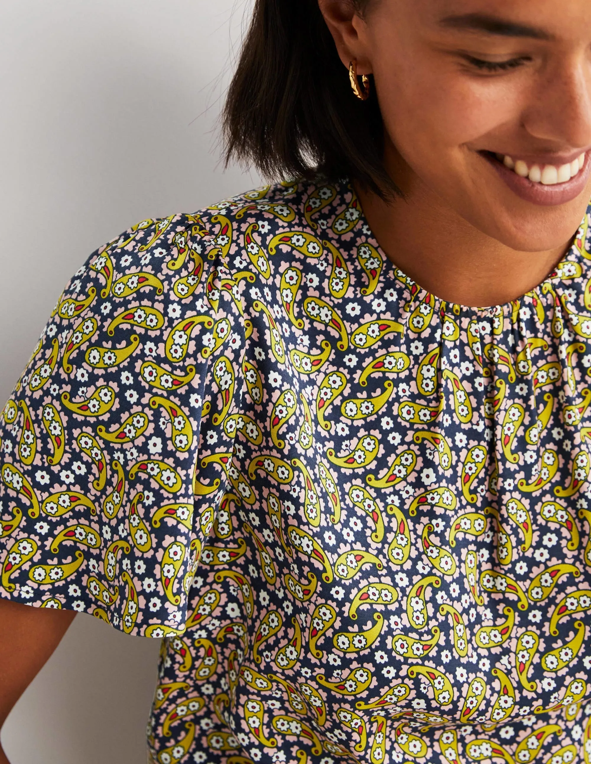 Flutter Sleeve Crew Neck Top-Citronelle, Petal Paisley
