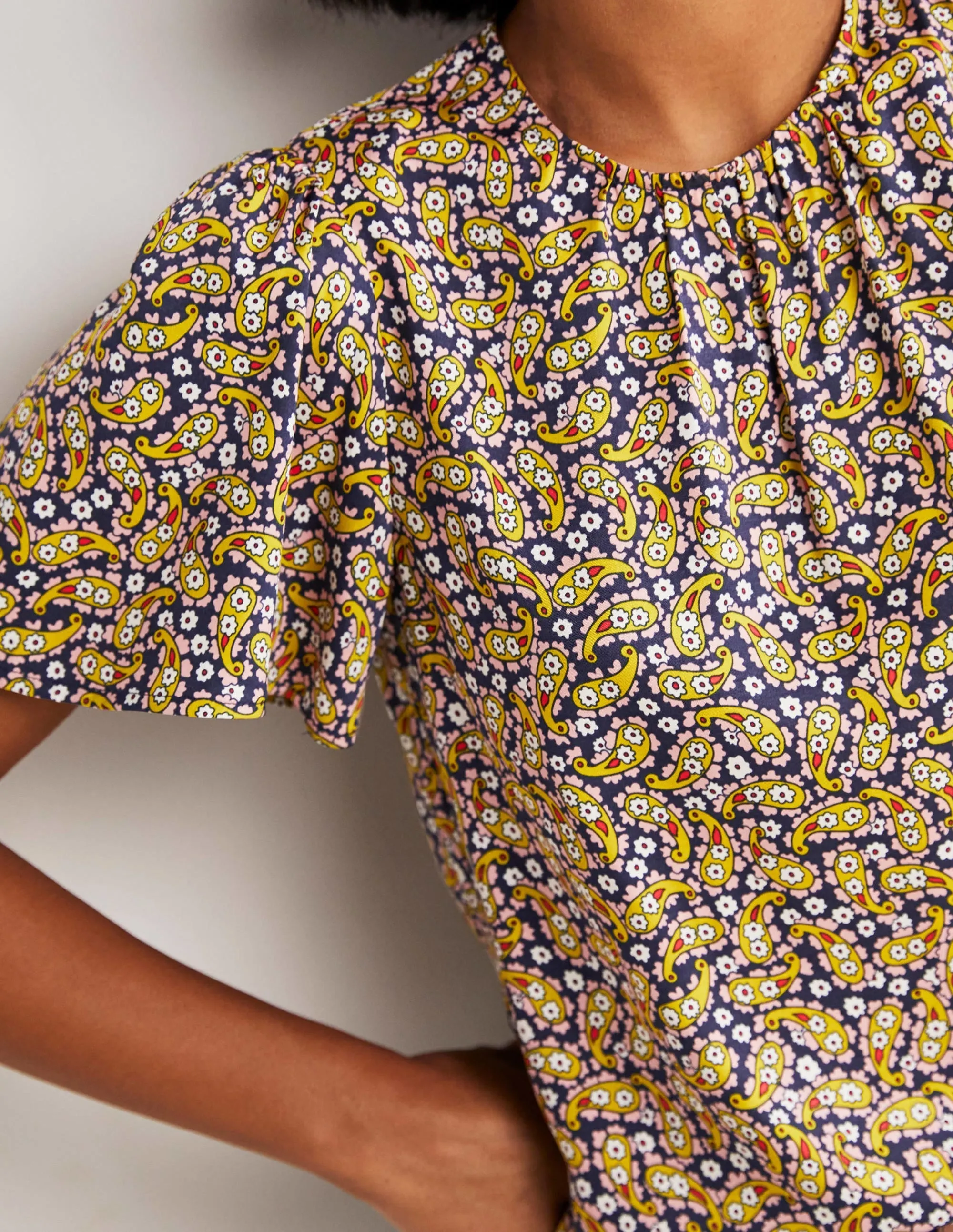 Flutter Sleeve Crew Neck Top-Citronelle, Petal Paisley