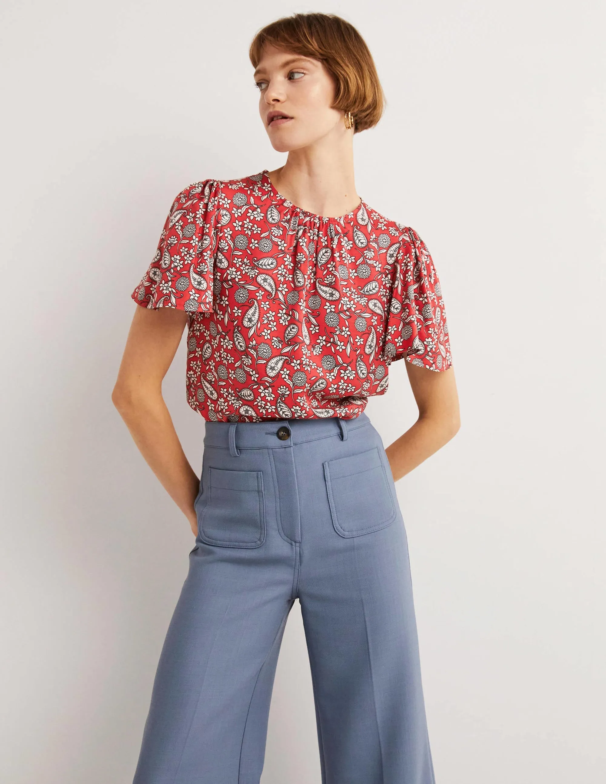 Flutter Sleeve Crew Neck Top-Poinsettia Red, Flower Garden
