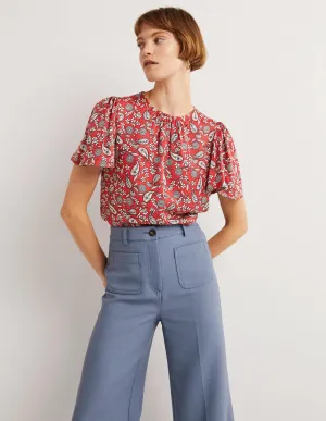 Flutter Sleeve Crew Neck Top-Poinsettia Red, Flower Garden