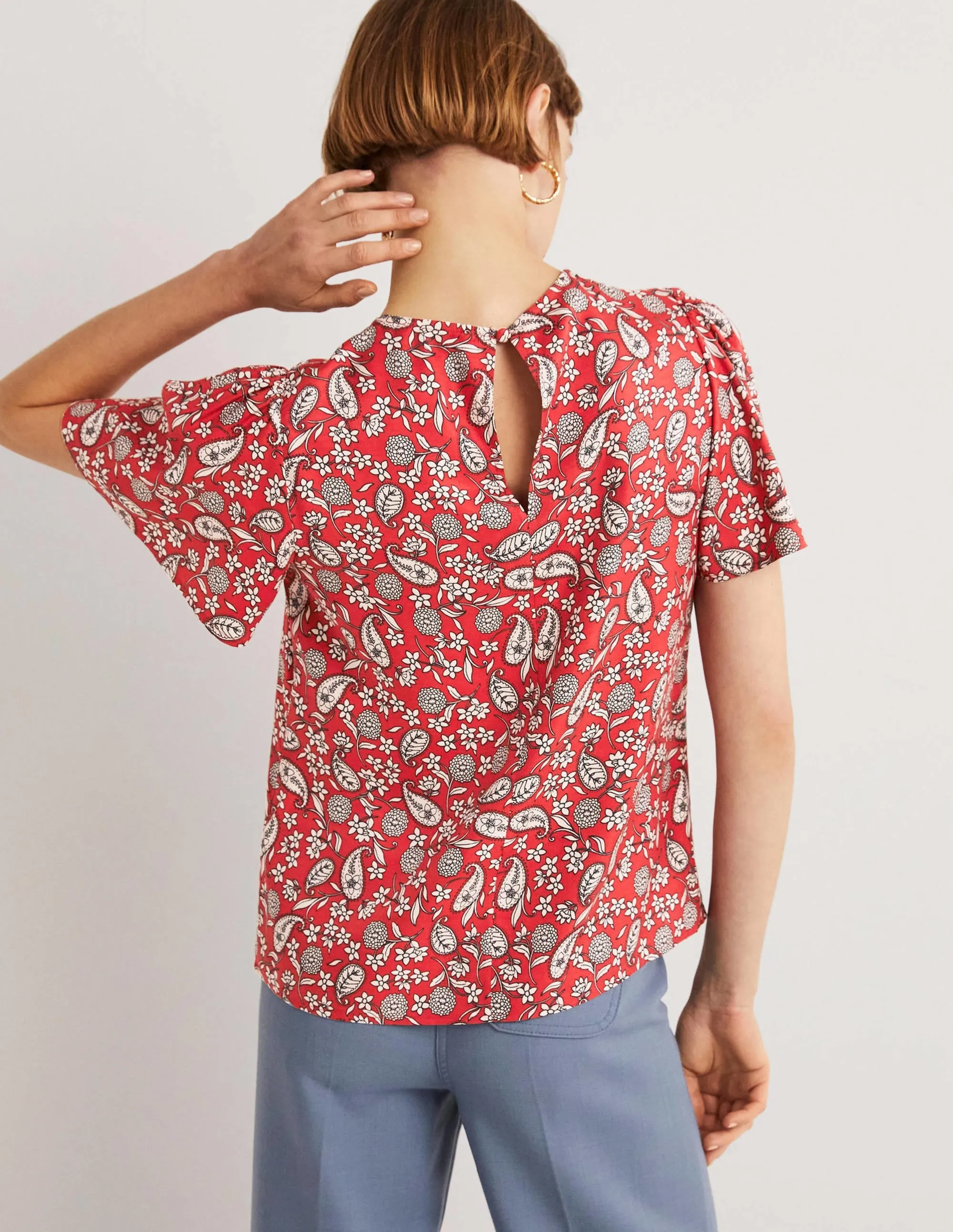 Flutter Sleeve Crew Neck Top-Poinsettia Red, Flower Garden