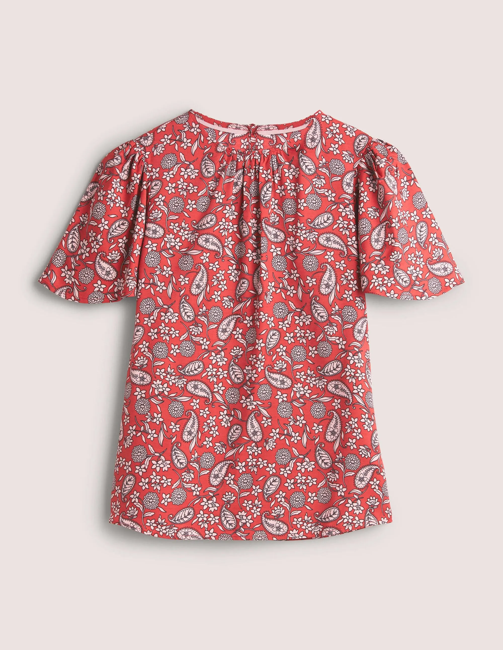 Flutter Sleeve Crew Neck Top-Poinsettia Red, Flower Garden