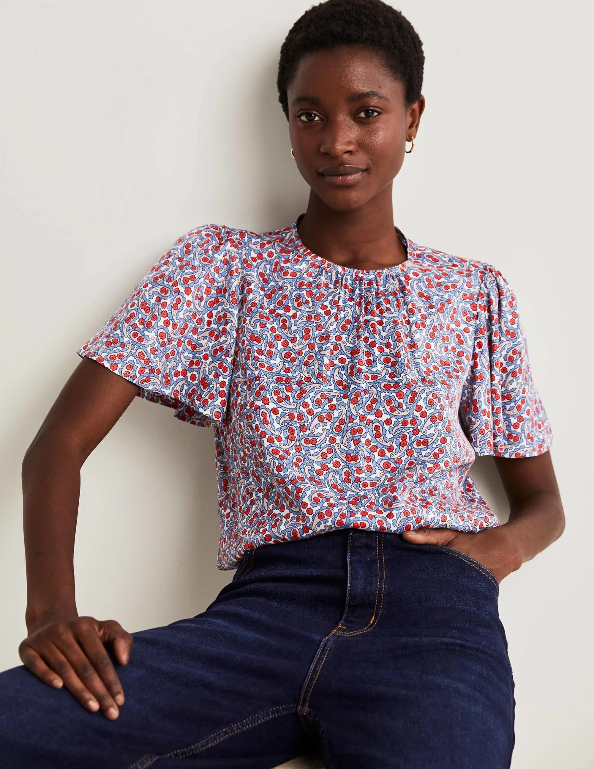 Flutter Sleeve Crew Neck Top-Riviera Blue, Petal Paisley