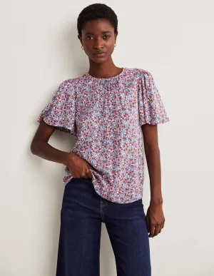 Flutter Sleeve Crew Neck Top-Riviera Blue, Petal Paisley