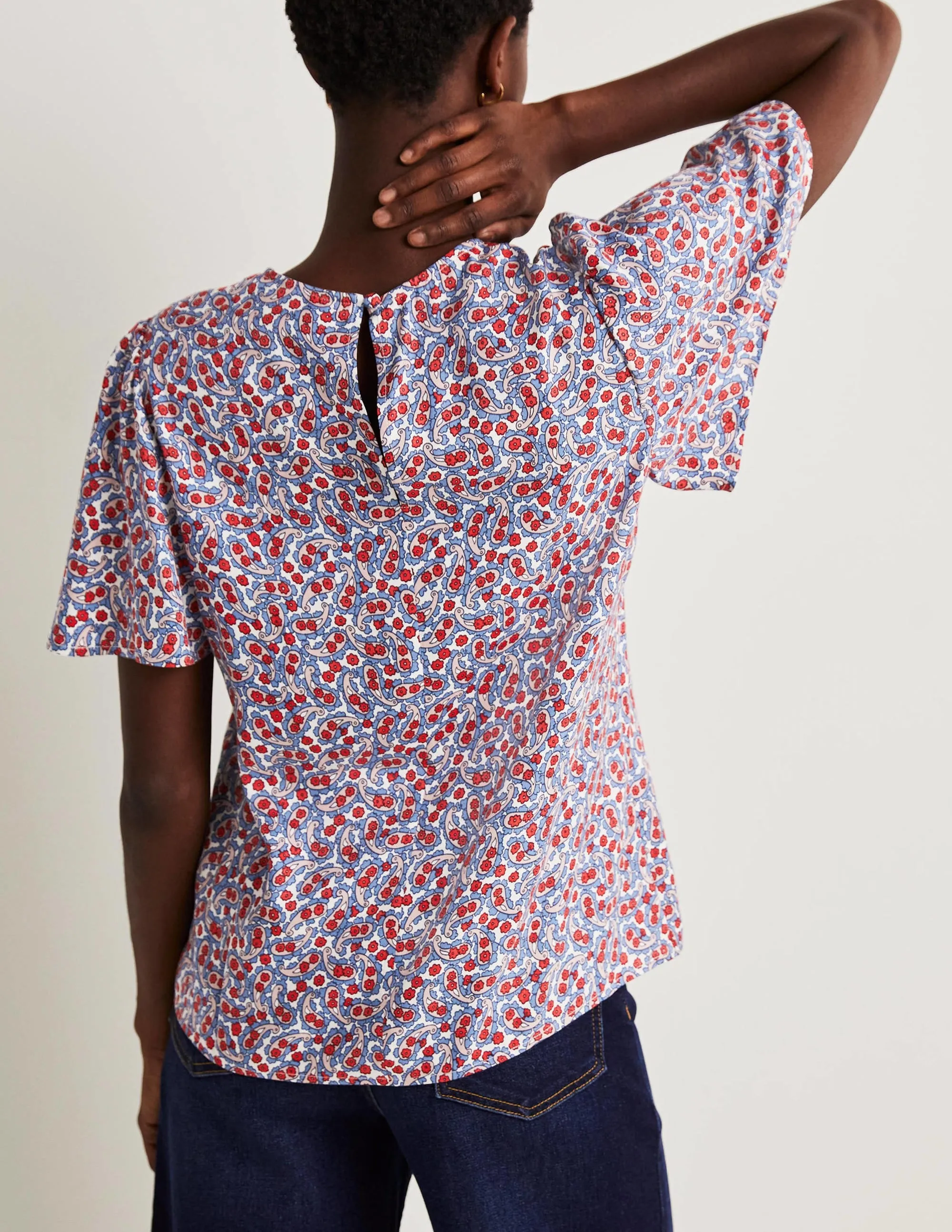Flutter Sleeve Crew Neck Top-Riviera Blue, Petal Paisley