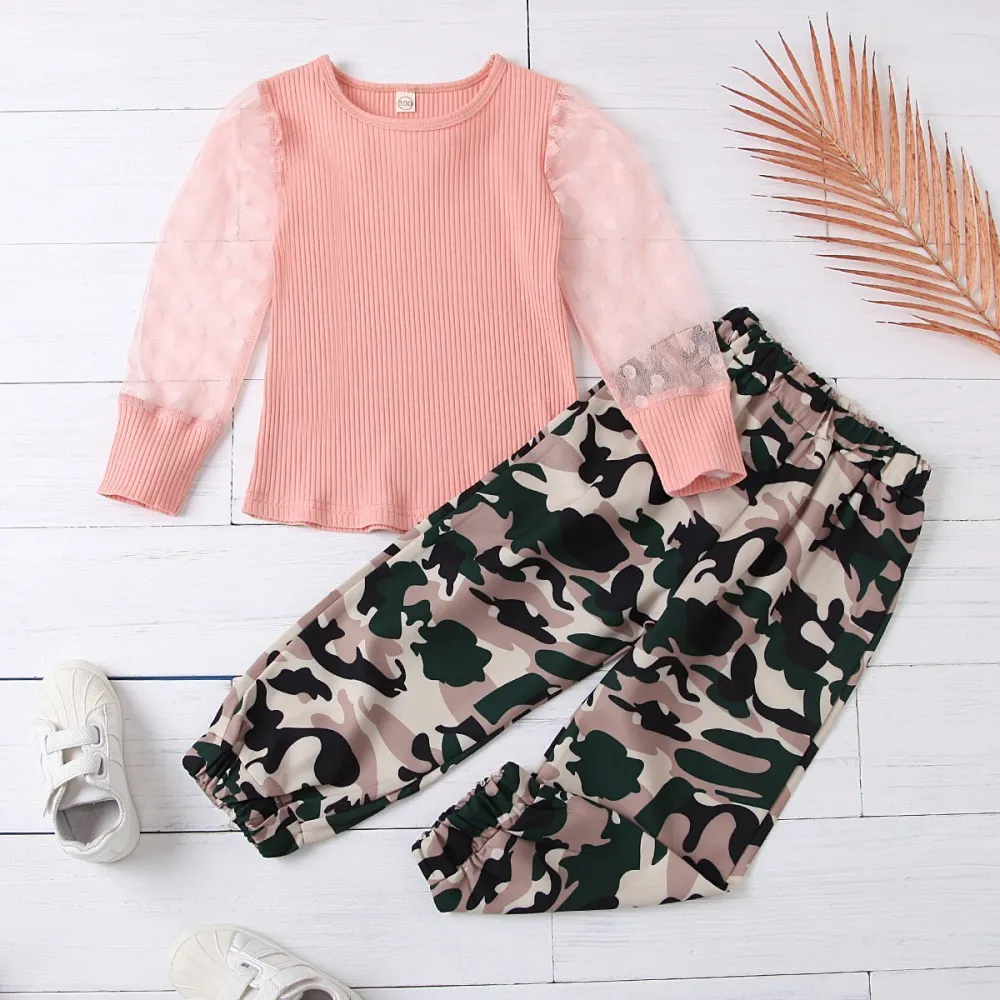 Girls Solid Mesh Long Sleeve Top & Camo Pants Wholesale Childrens Boutique Clothing Suppliers
