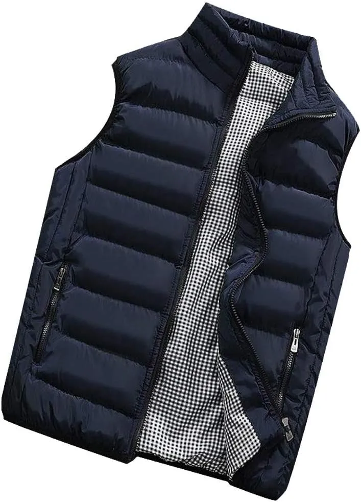 GOKKILRW Mens Outdoor Casual Stand Collar Padded Puffer Vest Warm Winter Waterproof Ski Jacket Cotton Padded Waistcoat