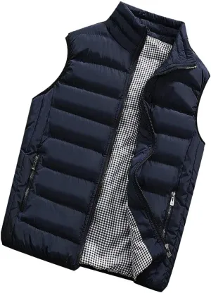 GOKKILRW Mens Outdoor Casual Stand Collar Padded Puffer Vest Warm Winter Waterproof Ski Jacket Cotton Padded Waistcoat