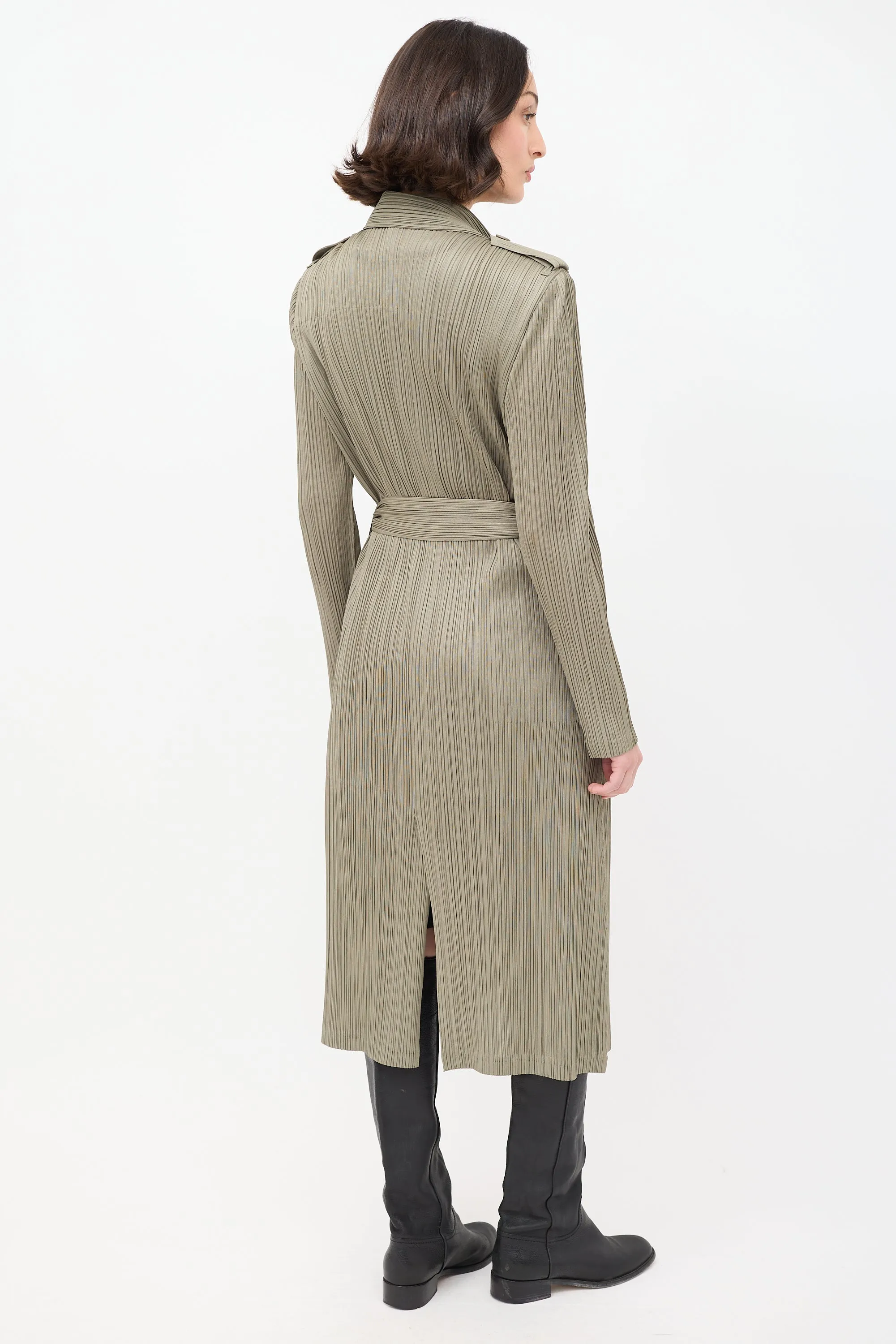 Khaki Green Pleated Belted Trench Coat
