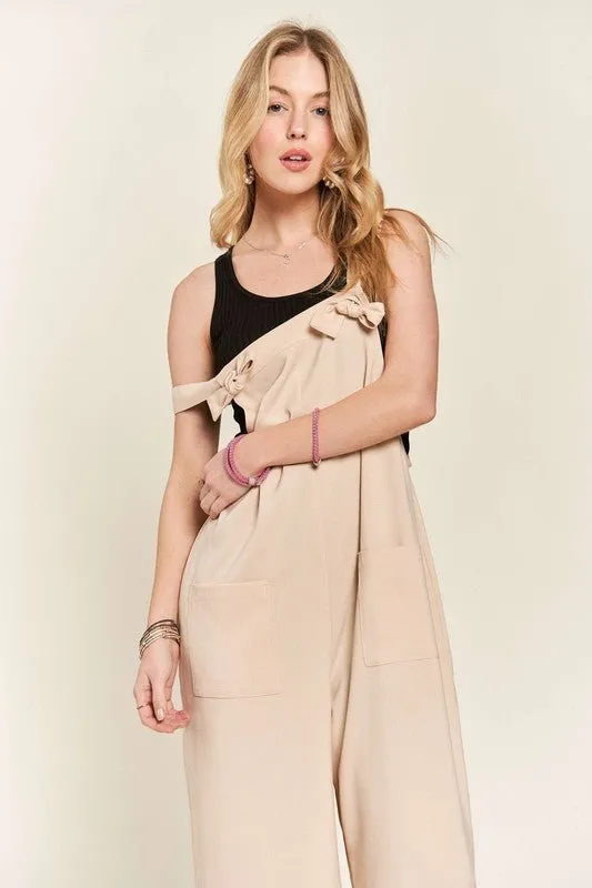 Knotted Strap Wide Leg Overalls in Tan