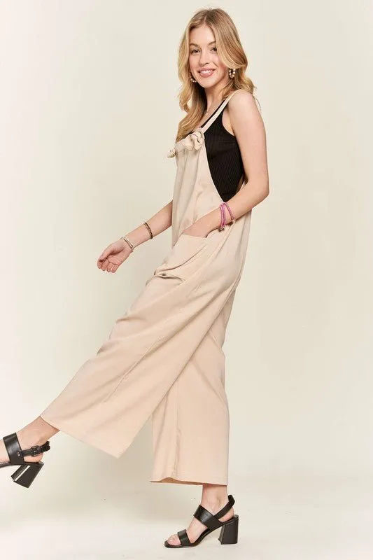 Knotted Strap Wide Leg Overalls in Tan