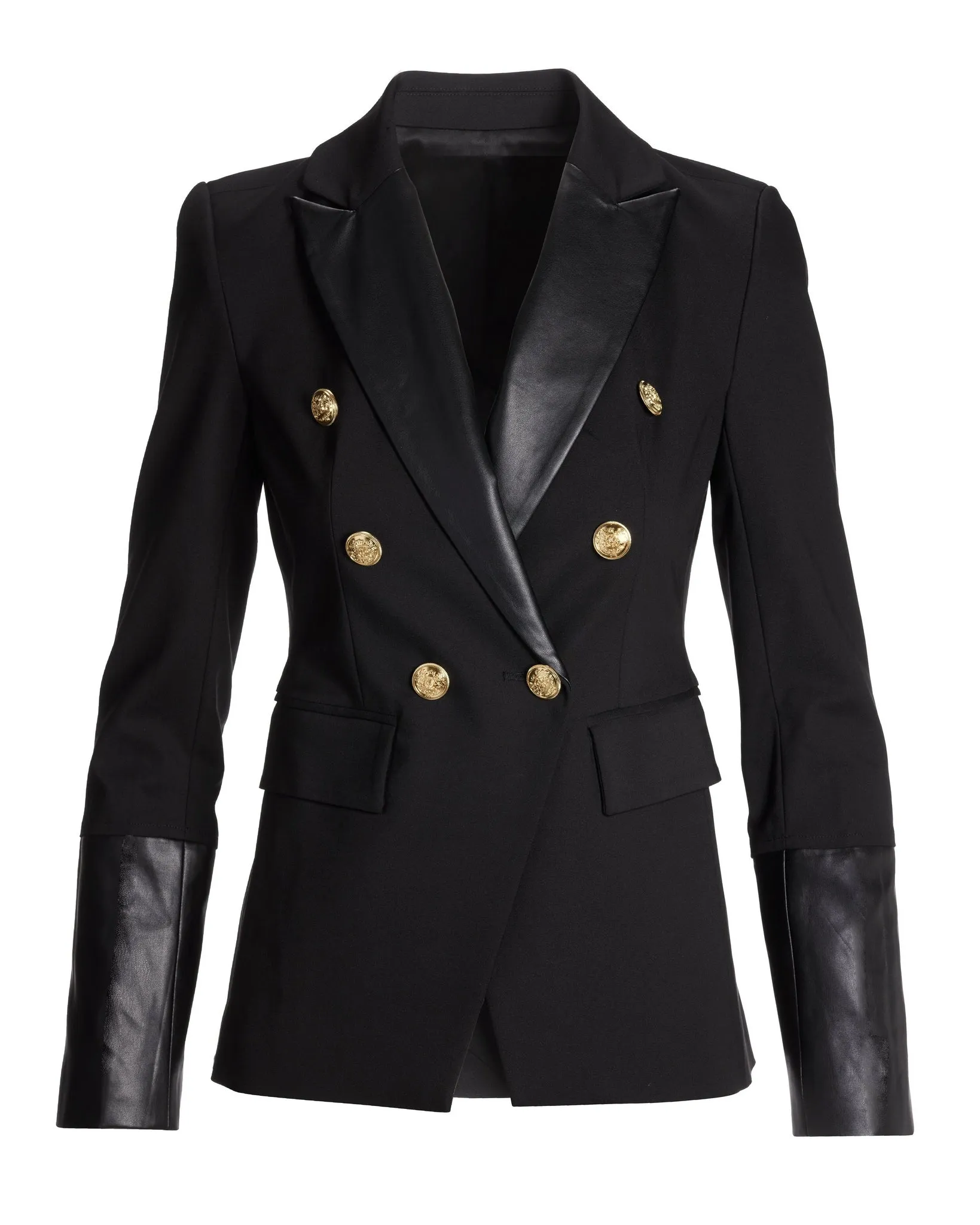Leather Detailed Modern Double-Breasted Blazer Black