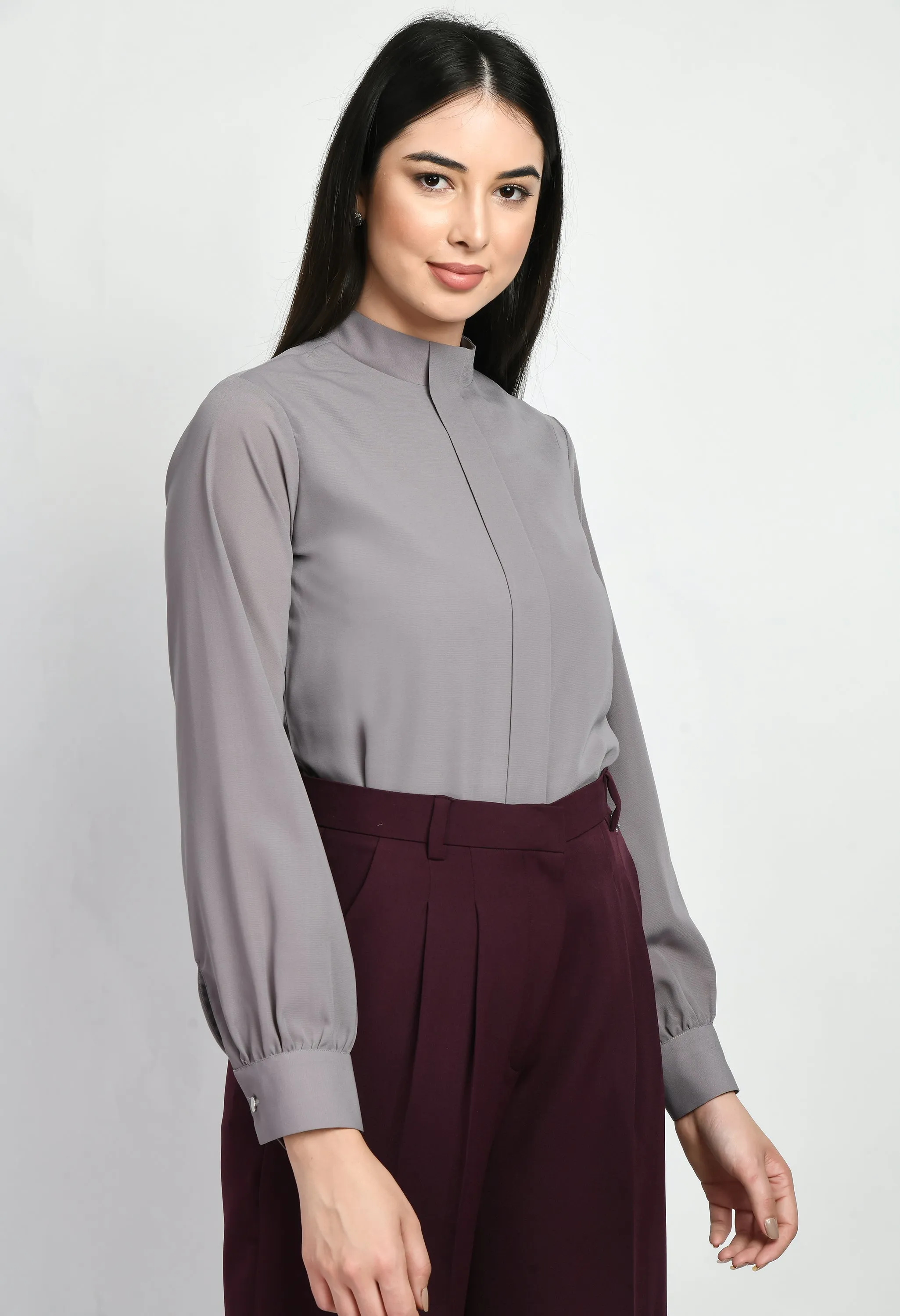 Lilac Grey Foresight High Neck Front Pleat Top