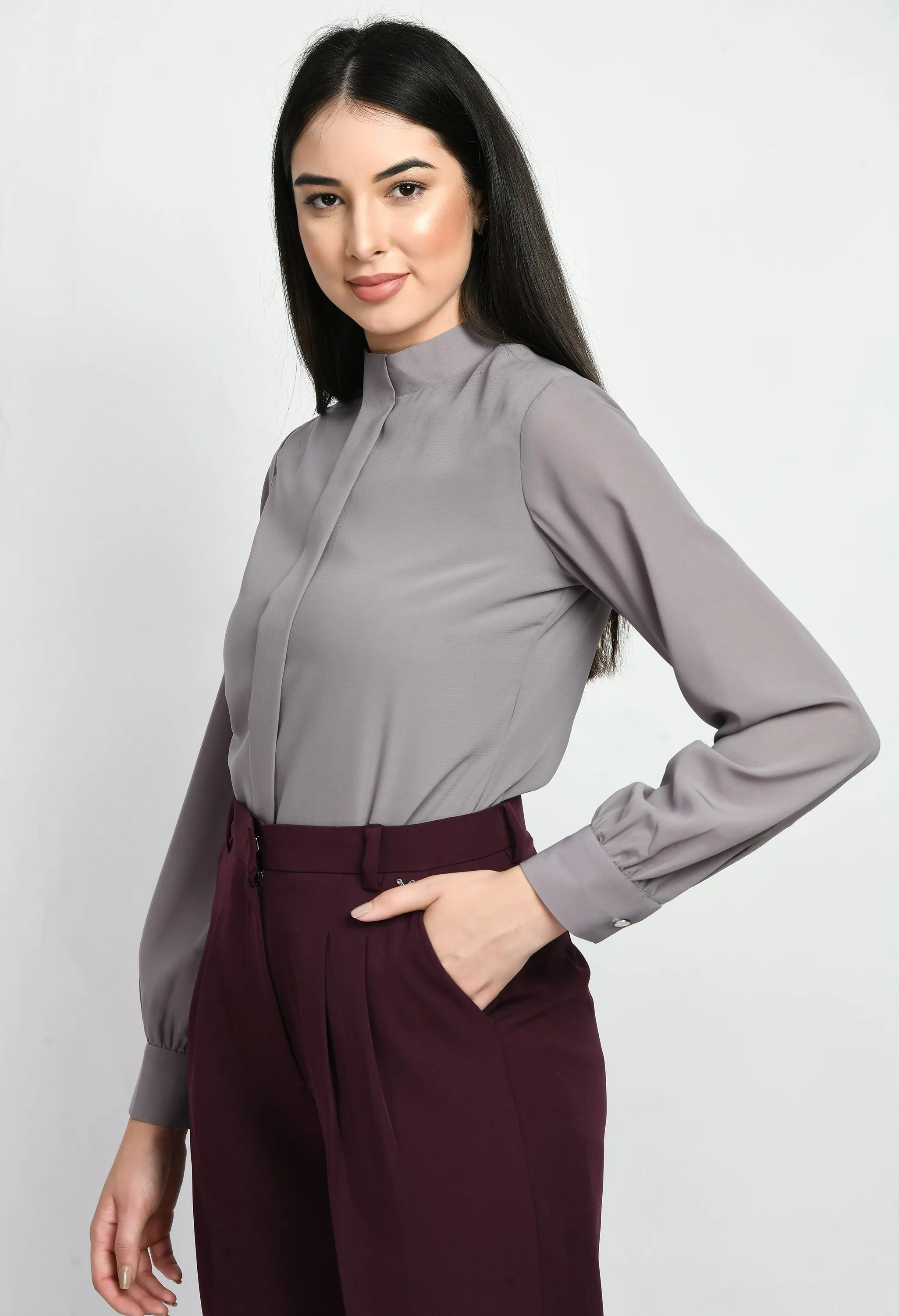 Lilac Grey Foresight High Neck Front Pleat Top