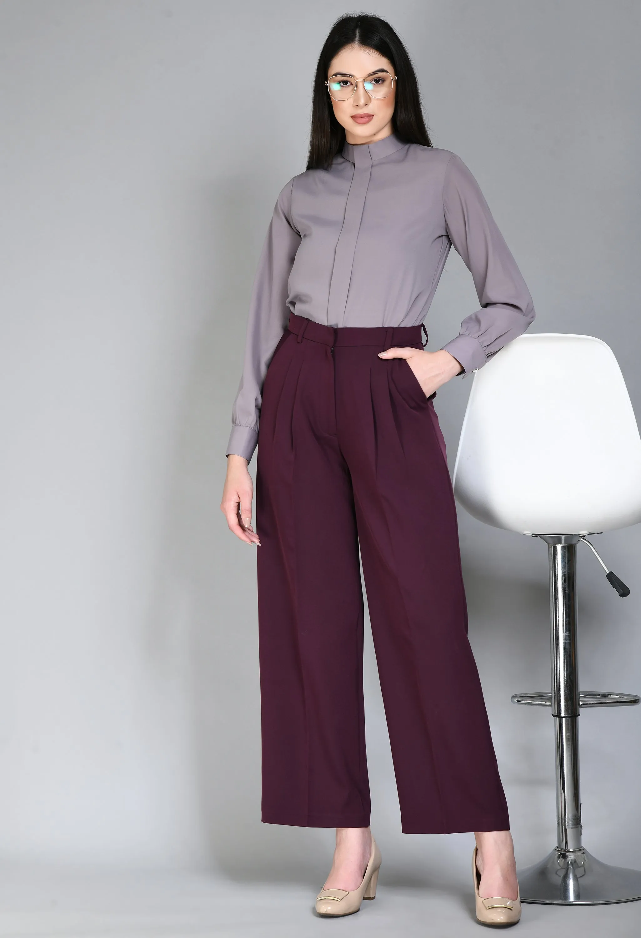 Lilac Grey Foresight High Neck Front Pleat Top