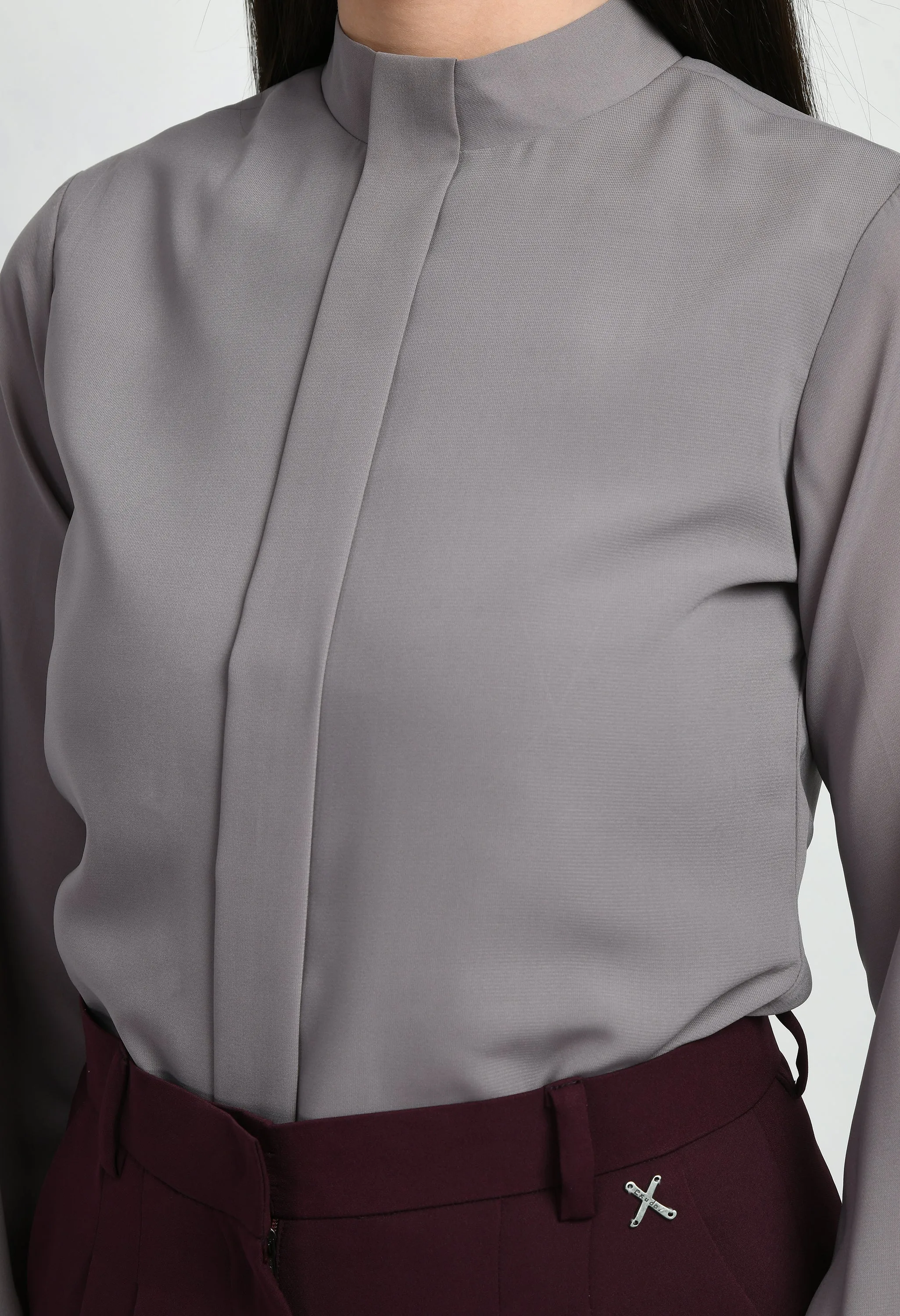 Lilac Grey Foresight High Neck Front Pleat Top