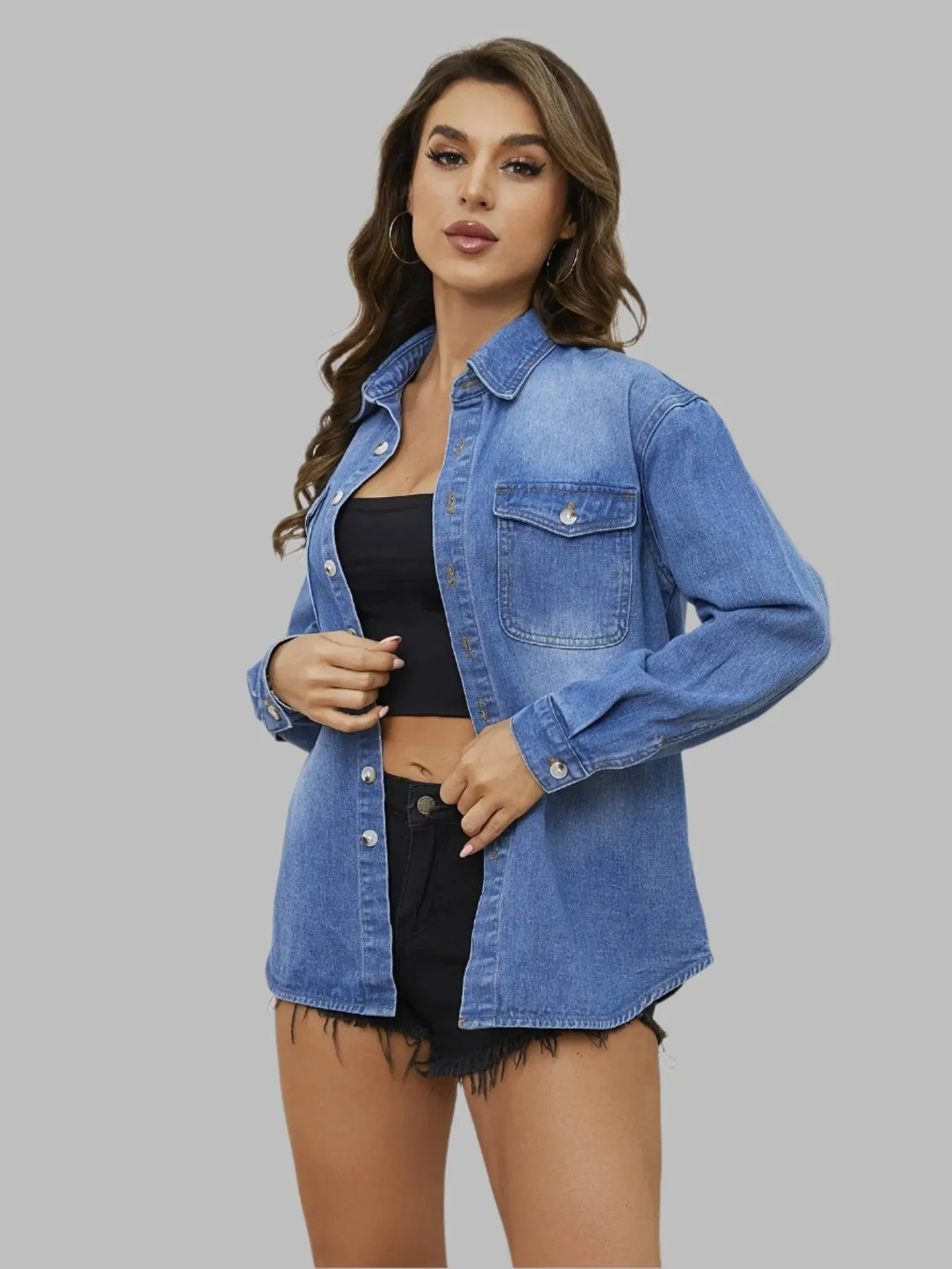 Long Sleeve Fashion Curved Mid-Length  Denim Jeans Shirt Coat; S-XL