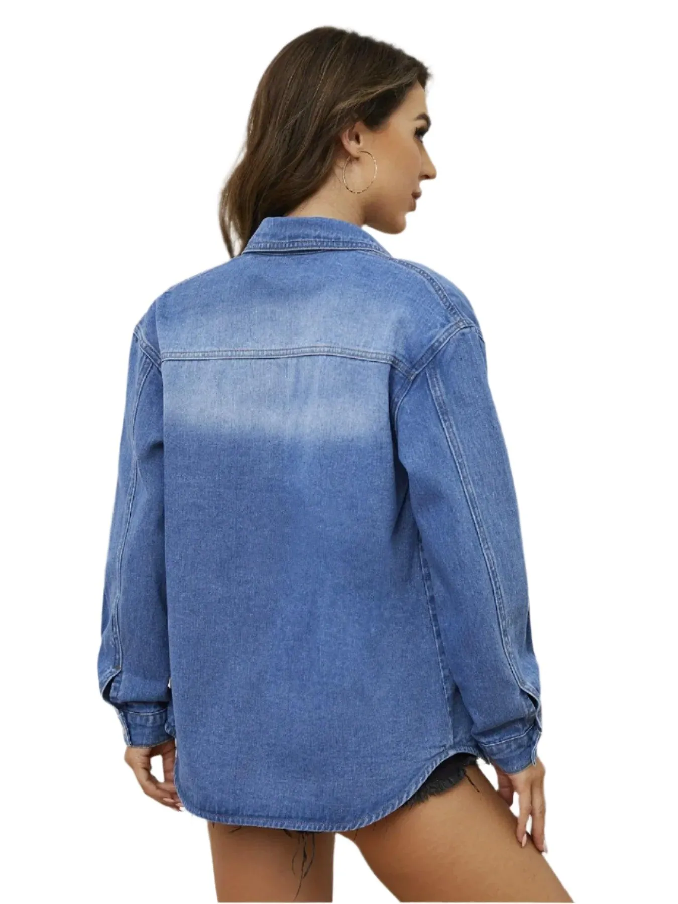 Long Sleeve Fashion Curved Mid-Length  Denim Jeans Shirt Coat; S-XL