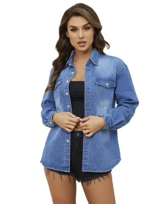 Long Sleeve Fashion Curved Mid-Length  Denim Jeans Shirt Coat; S-XL