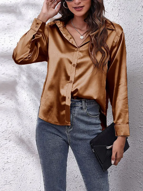 Long Sleeves Loose Solid Color Lapel Blouses&Shirts Tops
