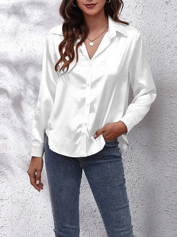 Long Sleeves Loose Solid Color Lapel Blouses&Shirts Tops