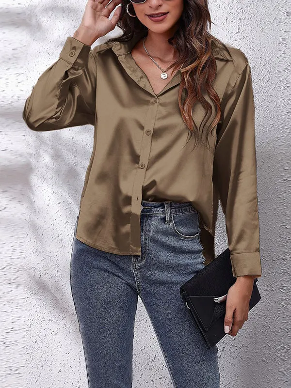 Long Sleeves Loose Solid Color Lapel Blouses&Shirts Tops