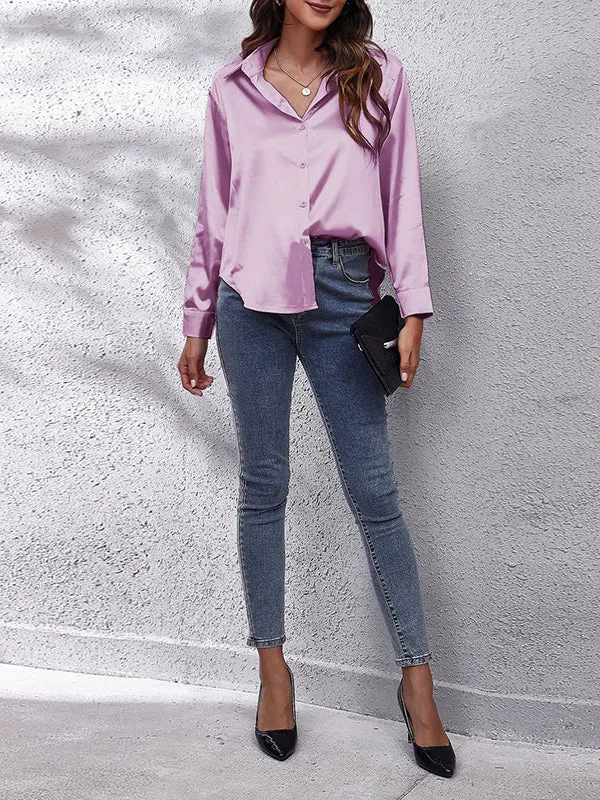 Long Sleeves Loose Solid Color Lapel Blouses&Shirts Tops