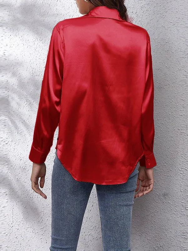 Long Sleeves Loose Solid Color Lapel Blouses&Shirts Tops