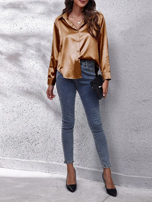 Long Sleeves Loose Solid Color Lapel Blouses&Shirts Tops