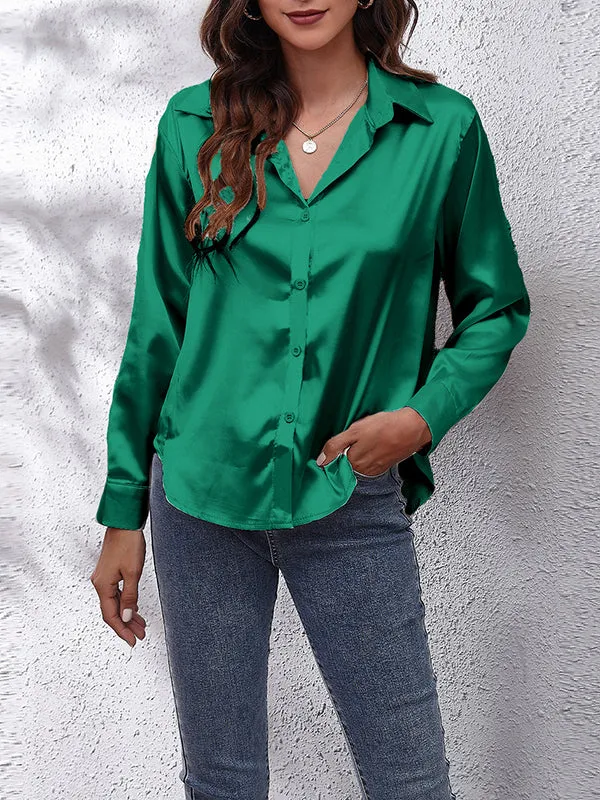 Long Sleeves Loose Solid Color Lapel Blouses&Shirts Tops