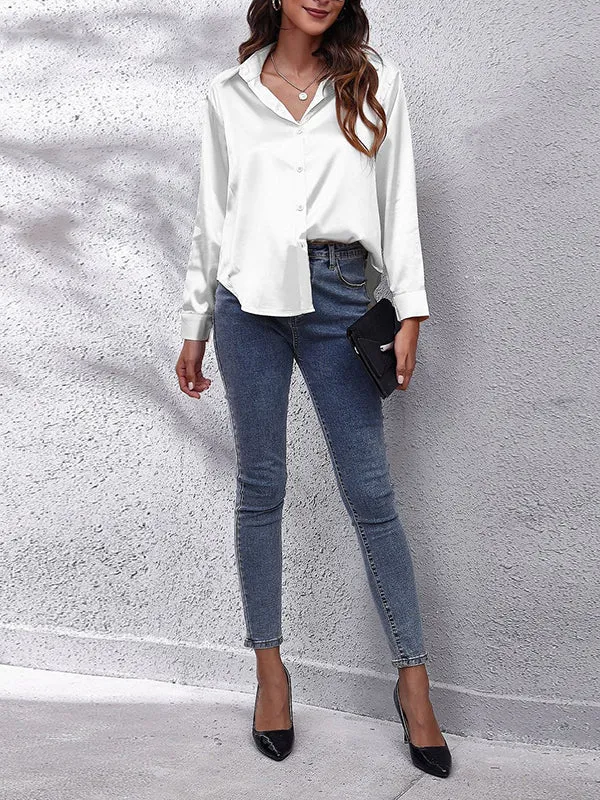 Long Sleeves Loose Solid Color Lapel Blouses&Shirts Tops