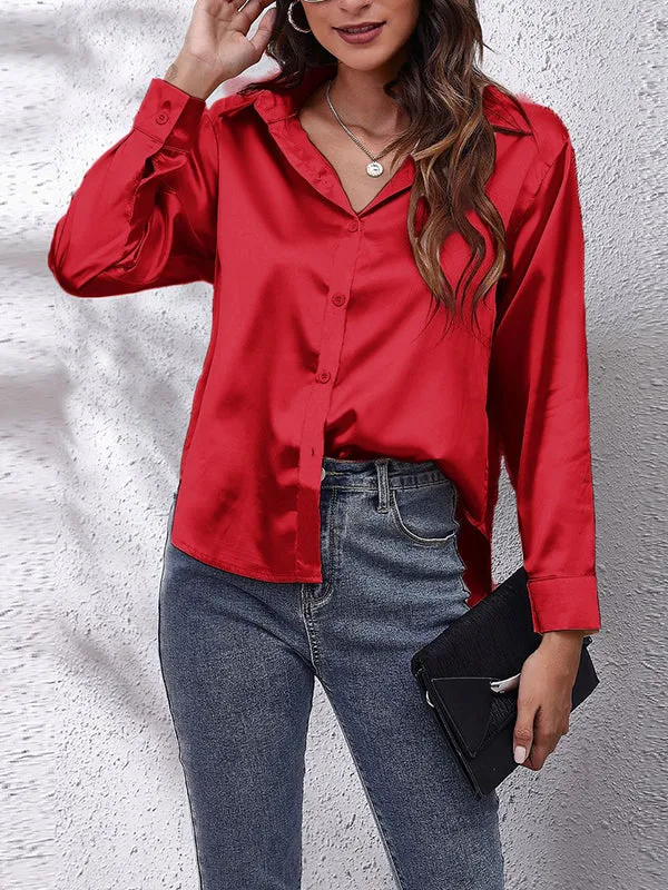 Long Sleeves Loose Solid Color Lapel Blouses&Shirts Tops