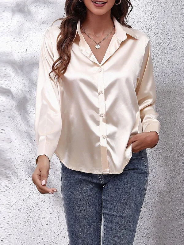 Long Sleeves Loose Solid Color Lapel Blouses&Shirts Tops