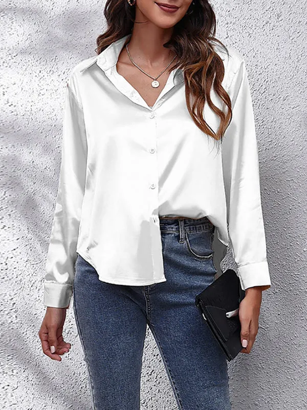 Long Sleeves Loose Solid Color Lapel Blouses&Shirts Tops