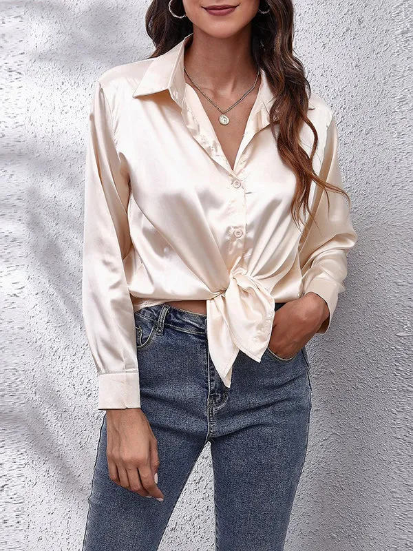 Long Sleeves Loose Solid Color Lapel Blouses&Shirts Tops