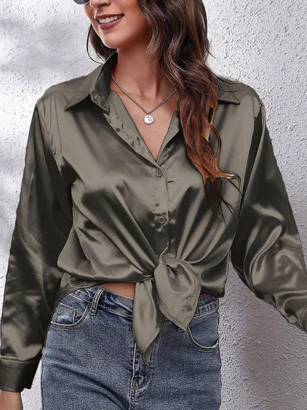 Long Sleeves Loose Solid Color Lapel Blouses&Shirts Tops