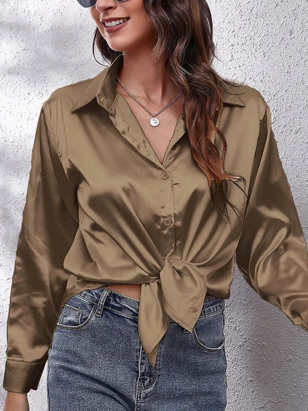 Long Sleeves Loose Solid Color Lapel Blouses&Shirts Tops