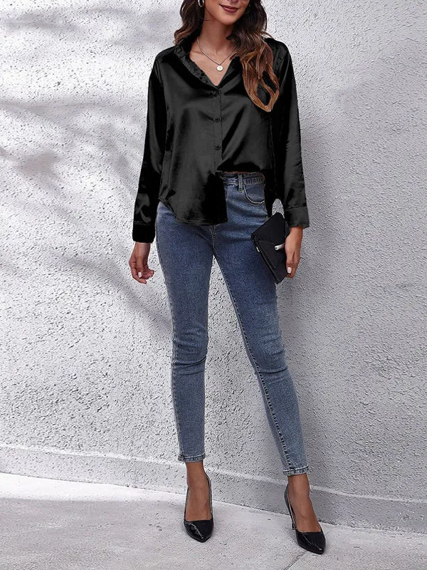 Long Sleeves Loose Solid Color Lapel Blouses&Shirts Tops