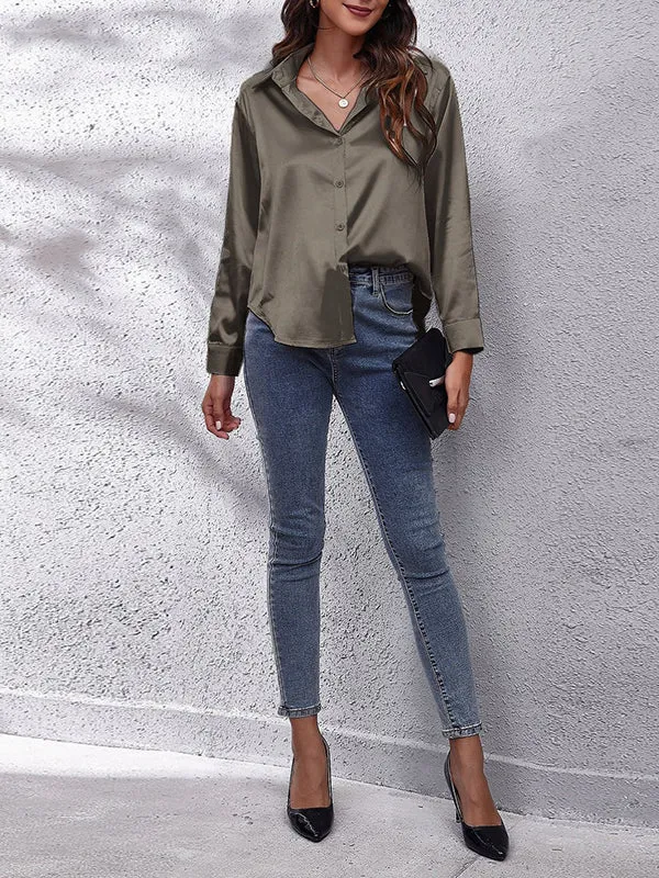 Long Sleeves Loose Solid Color Lapel Blouses&Shirts Tops