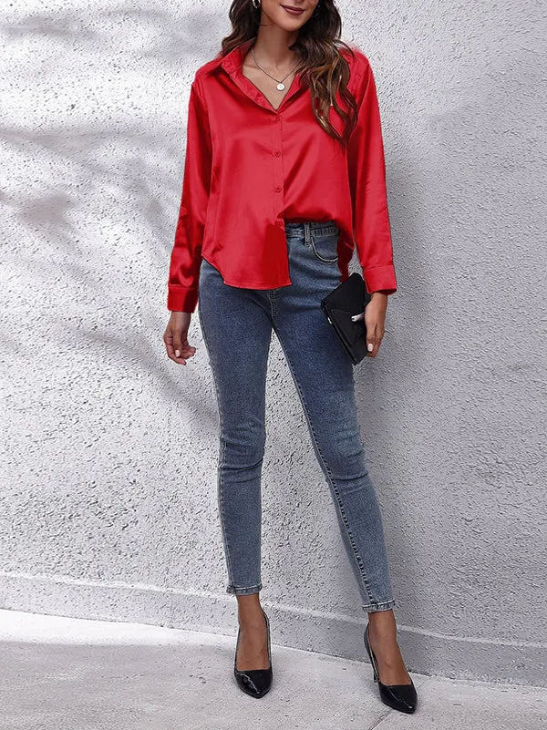 Long Sleeves Loose Solid Color Lapel Blouses&Shirts Tops