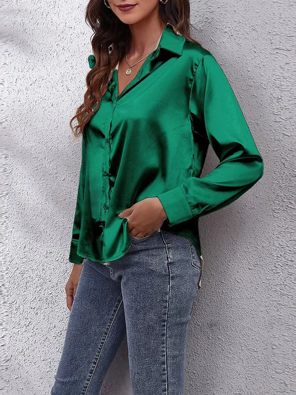 Long Sleeves Loose Solid Color Lapel Blouses&Shirts Tops