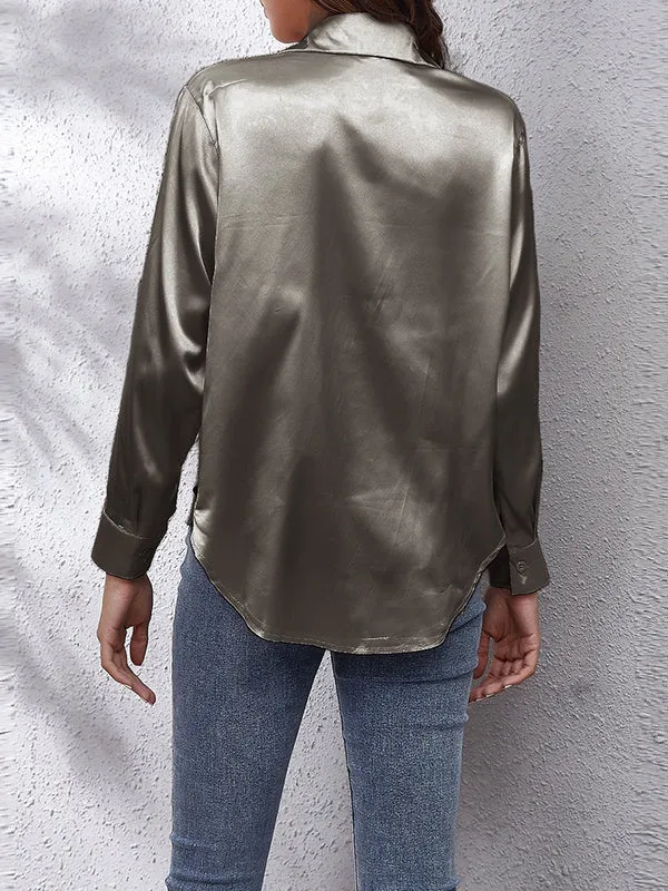 Long Sleeves Loose Solid Color Lapel Blouses&Shirts Tops
