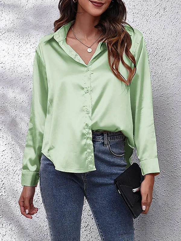 Long Sleeves Loose Solid Color Lapel Blouses&Shirts Tops