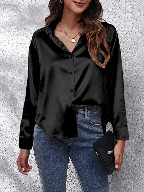 Long Sleeves Loose Solid Color Lapel Blouses&Shirts Tops