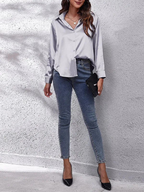 Long Sleeves Loose Solid Color Lapel Blouses&Shirts Tops