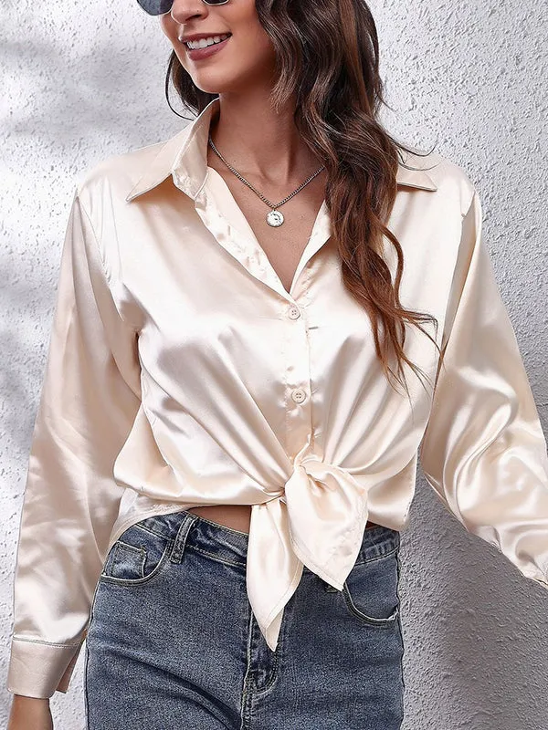 Long Sleeves Loose Solid Color Lapel Blouses&Shirts Tops