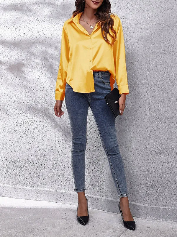 Long Sleeves Loose Solid Color Lapel Blouses&Shirts Tops