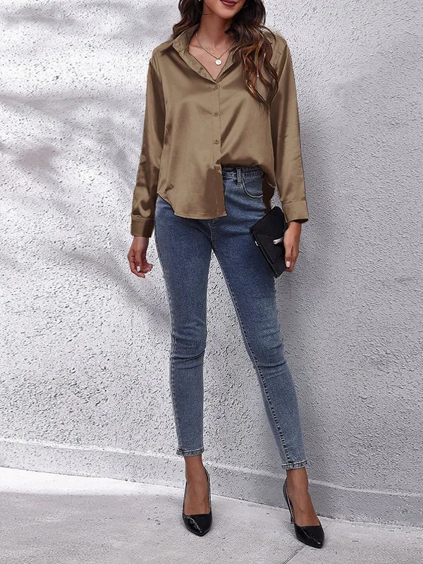 Long Sleeves Loose Solid Color Lapel Blouses&Shirts Tops