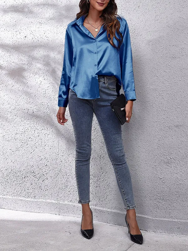 Long Sleeves Loose Solid Color Lapel Blouses&Shirts Tops