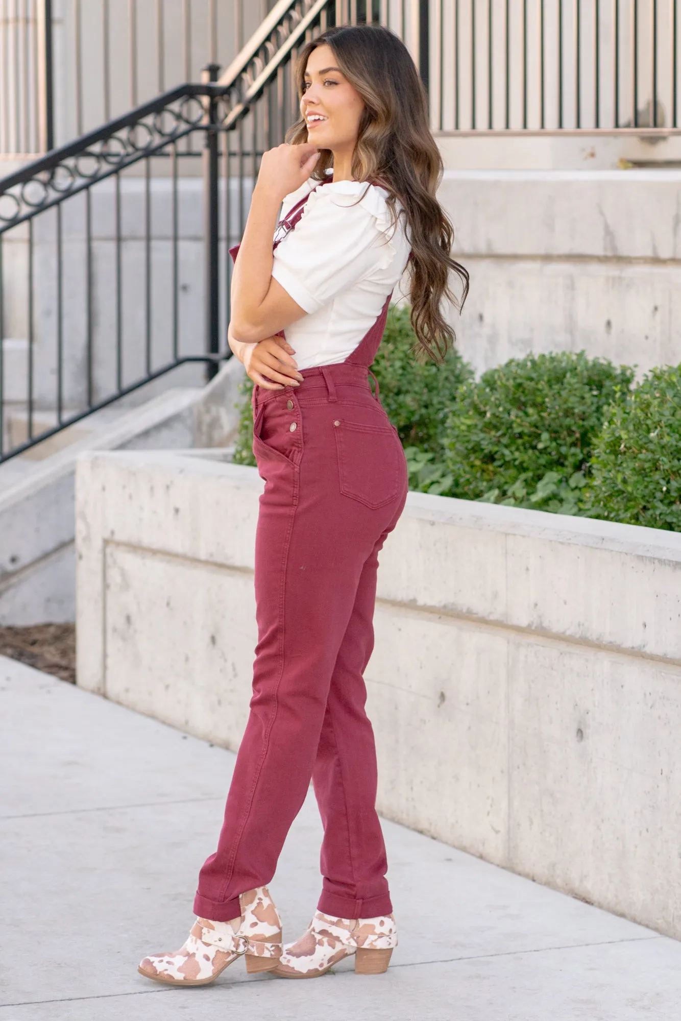 Maroon Garment Dyed High Rise Double Cuffed Overalls - Reg & Plus